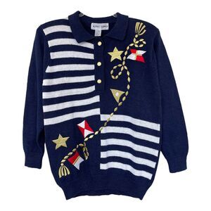 Vintage Sweater Top Knit Small Nautical Patchwork Sailor Art Heritage Classic